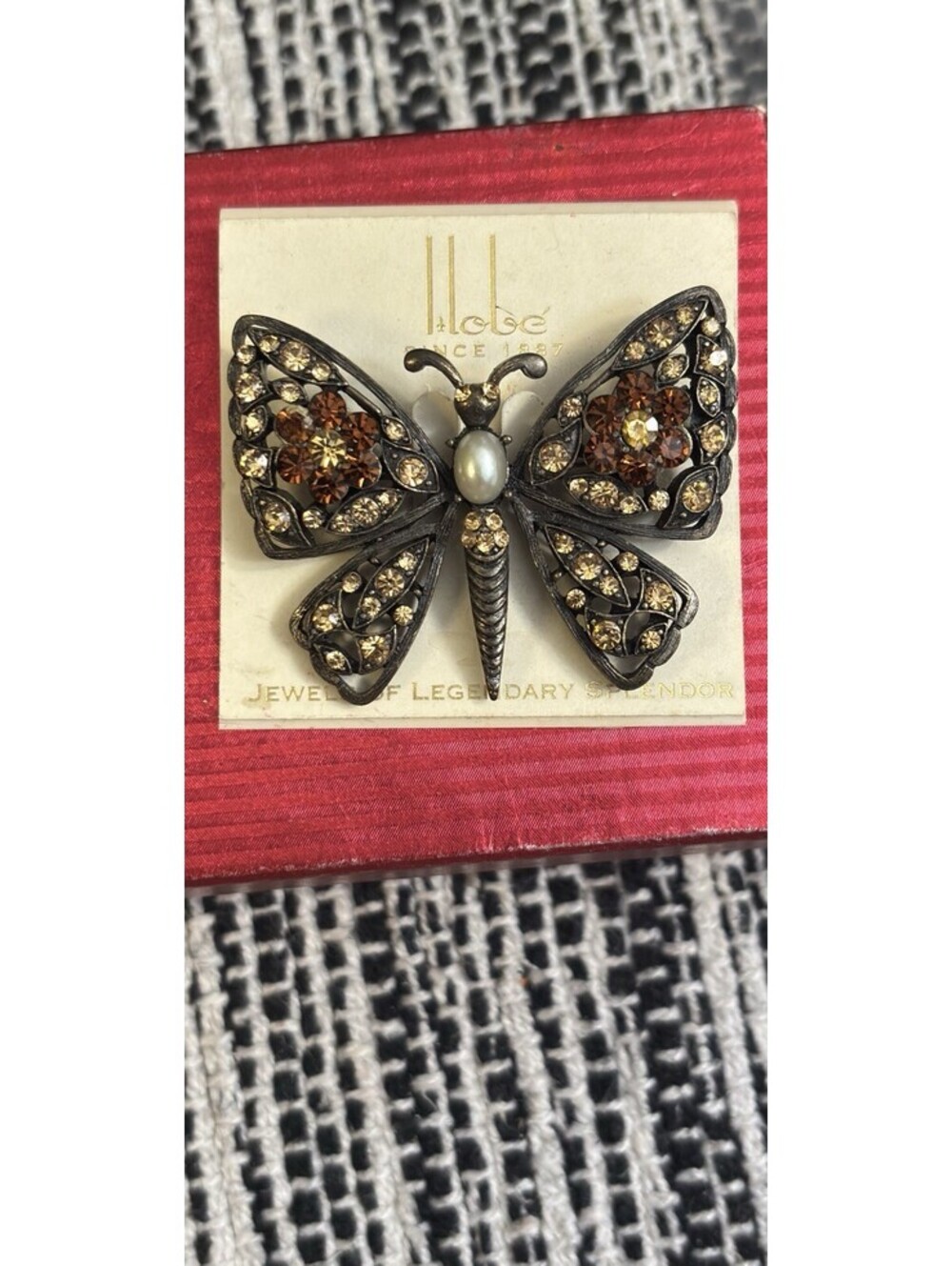 Hobe Signed Vintage Butterfly Brooch Pin Jeweled Gold Tone Since 1887 Estate